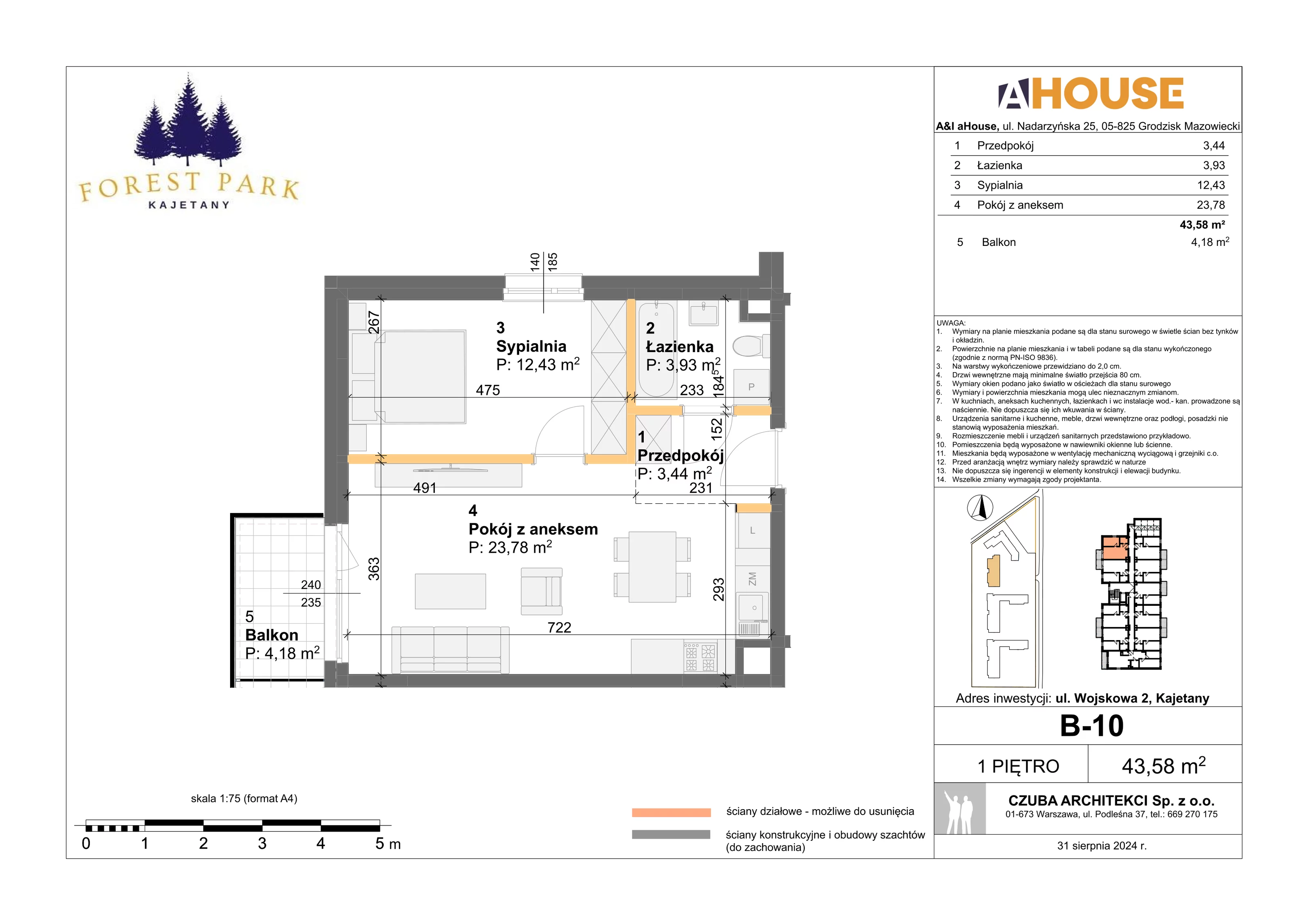 2 pokoje, mieszkanie 43,58 m², piętro 1, oferta nr B-10, Forest Park Kajetany, Kajetany, ul. Wojskowa 2
